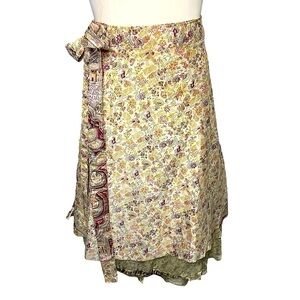 Layered 100% Silk Wrap Skirt Tan Floral Paisley Boho Hippie Tie Waist One Size